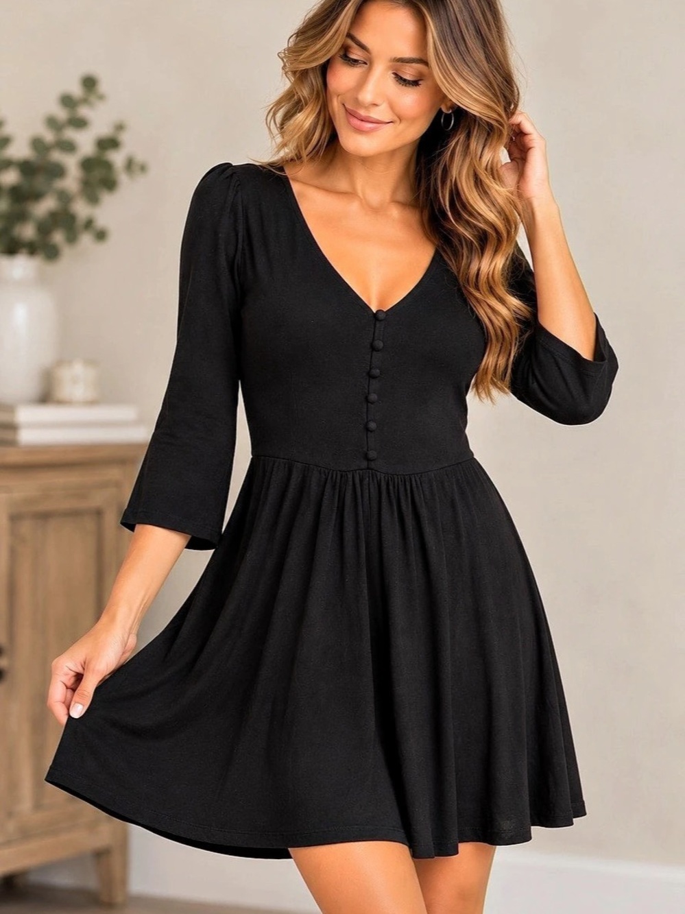 Black Long Sleeve Mini Dress Size 6 - Picture 2 of 8